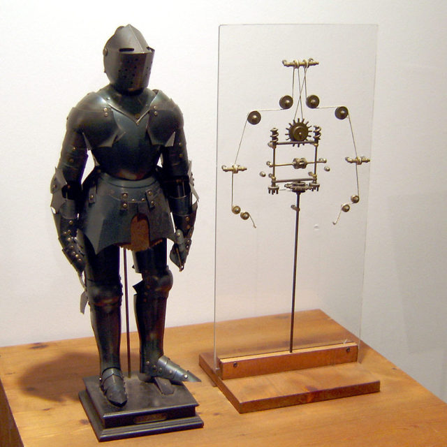 Model of Leonardo's robot with inner workings, on display in Berlin.