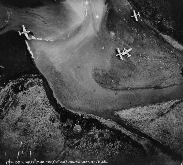 A U.S. Navy reconnaissance photo of four Japanese Mitsubishi A6M-2N Rufe seaplane fighters at Holtz Bay, Attu on 7 November 1942.
