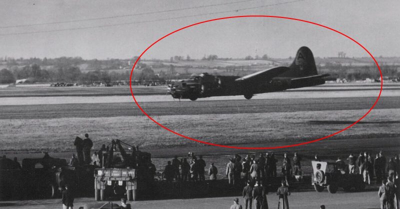 B-17F Fortress aircraft of the 91st BG, 8th Air Force executing a low fly-over during a demonstration at Bassingbourn, England, United Kingdom, 1943 [<a href=