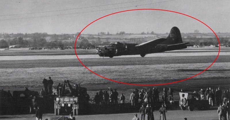 B-17F Fortress aircraft of the 91st BG, 8th Air Force executing a low fly-over during a demonstration at Bassingbourn, England, United Kingdom, 1943 [<a href=