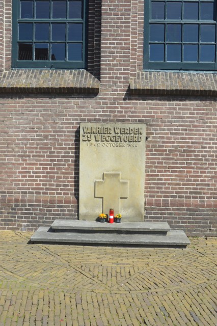 The commemorative stone at the Old Church where the men were rounded up and the women kept and from where they were transported to the camps