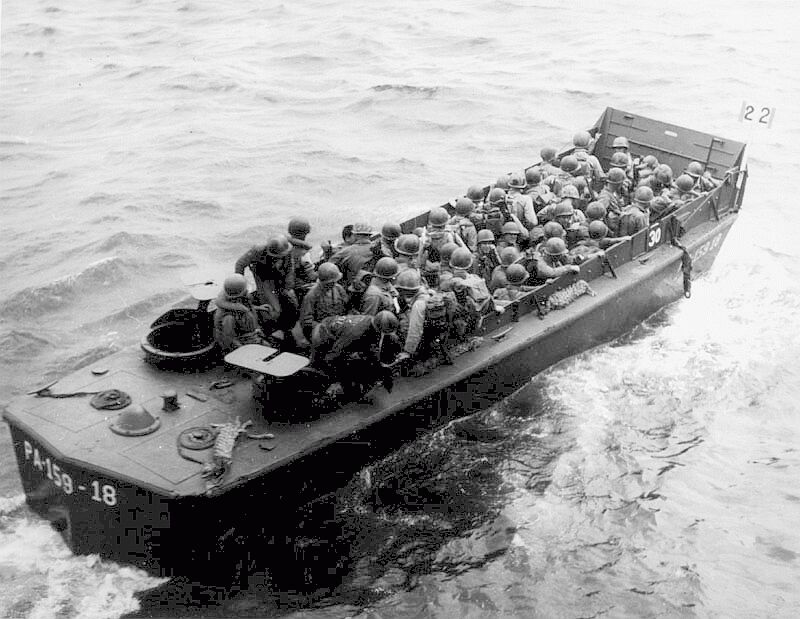 USS Darke (APA-159)'s LCVP 18, possibly with army troops as reinforcements at Okinawa, circa 9 to 14 April 1945.