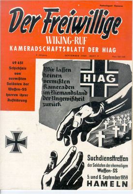 1959 cover of Der Freiwillige with a reference to the HIAG meeting in Hamelin. The gathering is termed Suchdiensttreffen ("tracing service meeting"), but was in fact a large-scale convention with 15,000 members attending.