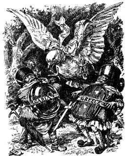 A British cartoon showing Tweedle Dee and Tweedle Dum as Greece and Bulgaria at war, wtih the UN represented as the dove of peace intermediating between them