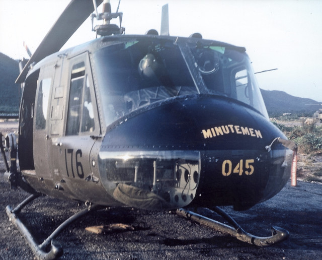 176th Aviation Company UH-1D model “Huey,” pictured in Vietnam, 1967. This is the helicopter normally flown by then-U.S. Army Maj. Charles Kettles, but it was undergoing maintenance the day of the rescue operation. (Photo courtesy of Retired U.S. Army Lt. Col. Charles Kettles)