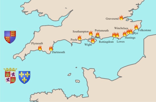 Main attacks on England by joint Castilian–French fleets, commanded by admirals Fernando Sánchez de Tovar and Jean de Vienne, between 1374 and 1380, during the Hundred Years' War. Source: Luis García