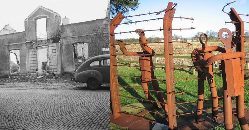 Left, burned down house in Putten. Right, monument at the former Ledelund concentration camp