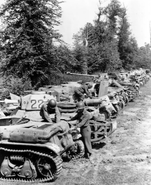 French tanks, used by the Germans in Normandy parked in a neat row.