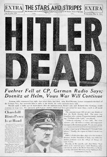 Front page of a United States military newspaper in early May of 1945. Photo via Wikipedia. 