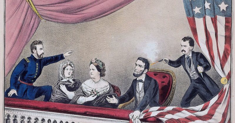 Recreation of Abraham Lincoln assassination by Currier and Ives Lithography Company. 