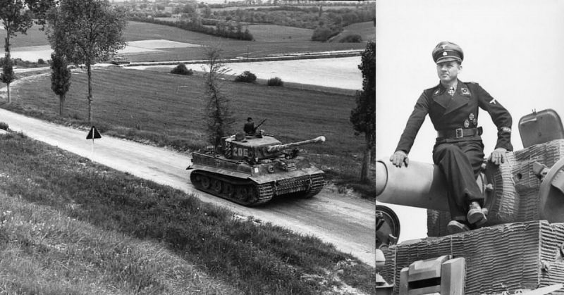 Left: Wittmann's company, 7 June 1944, en route to Morgny. Wittmann is standing in the turret of Tiger. Bundesarchiv - CC BY-SA 3.0