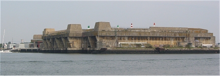 An original photograph of the submarine base at Keroman taken by me from the Port Louis ferry in August 2005.