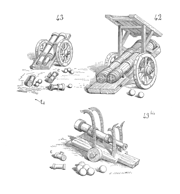 Various pieces of medieval artillery from Eugène Viollet-Le-Duc's Dictionnaire raisonné de l'architecture française du XIe au XVIe siècle (1856).