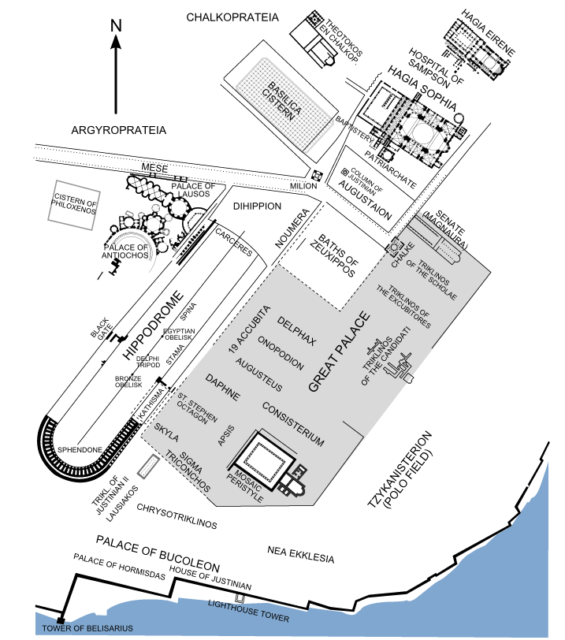A map of the palace quarter, with the Hippodrome and the Hagia Sophia.