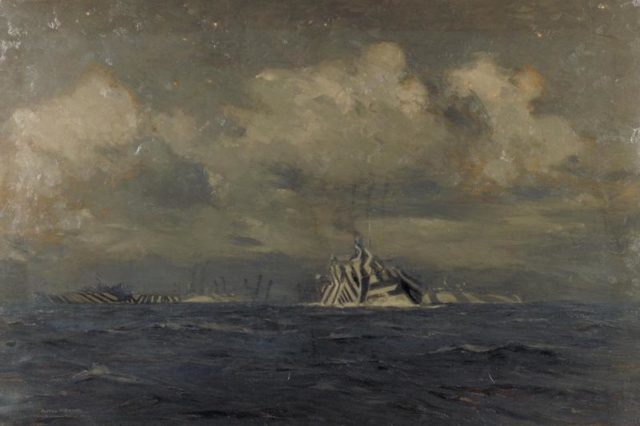 A painting by Norman Wilkinson of a convoy wearing his dazzle camouflage, 1918.