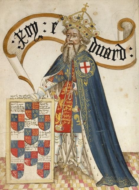 Early 15th-century depiction of Edward III, shown wearing the chivalric symbols of the Order of the Garter.