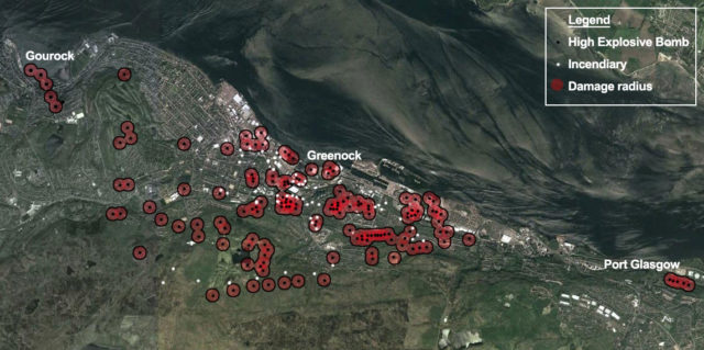 This map, showing GIS data overlaid an aerial map, shows the locations of bombs dropped on the Port Glasgow, Greenock, and Gourock areas during the nights of 6-7 May 1941. Image Credit.