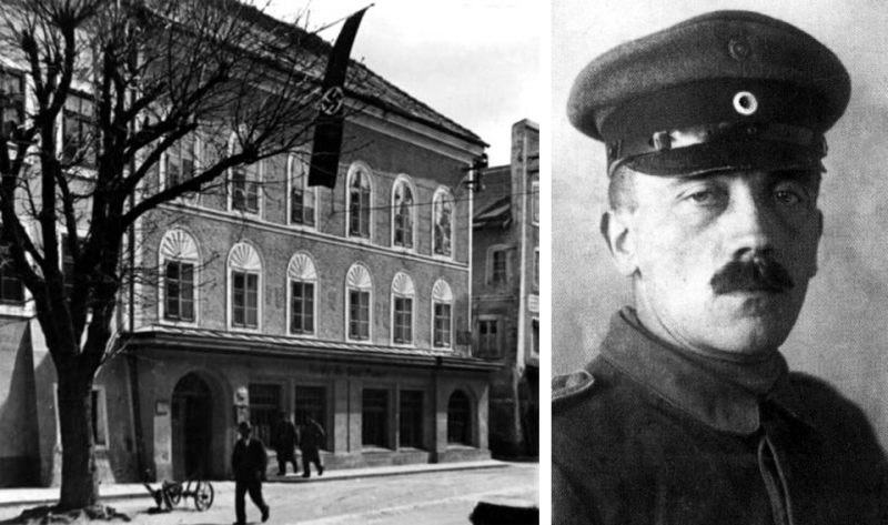 Adolf Hitler's birth house in Braunau am Inn (Austria) in about 1934, the roof blows a swastika flag (from the left) 
Adolf Hitler as a soldier during the First World War (from the right).
Source: Wikipedia