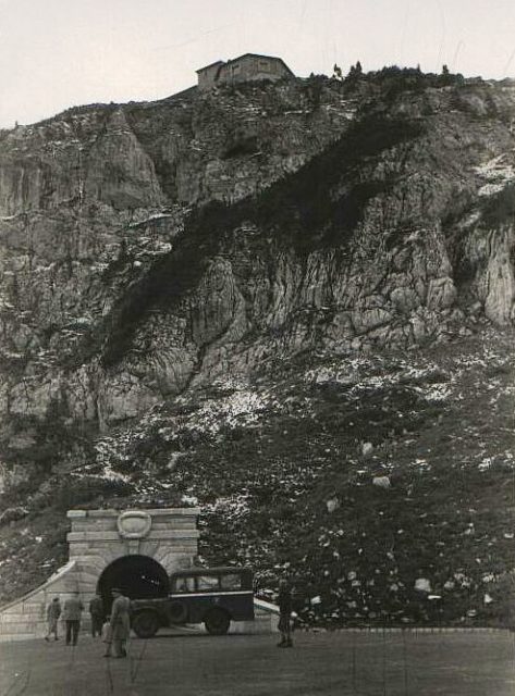 1945 photo of entrance tunnel to elevator going up to the Kehlsteinhaus, visible at top. Photo Credit.