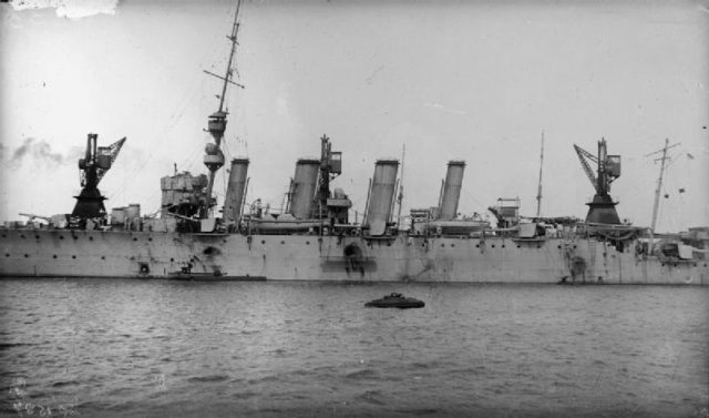 HMS Chester, showing damage sustained at the Battle of Jutland, 31 May 1916.