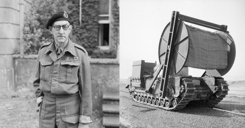 Major General Sir Percy Cleghorn Stanley Hobart commander of 79th Armoured Division, who was made responsible in March 1943 for the development of specialised armoured vehicles, known as 'Hobart's Funnies', to spearhead the assault phase of the invasion (from the left) 
Churchill AVRE carpet-layer with bobbin, 79th Armoured Division, March/April 1944 (from the right)
