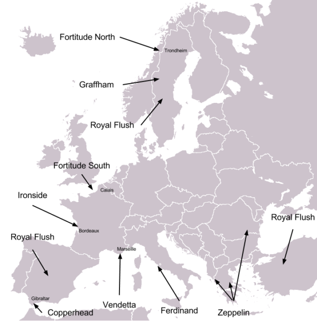 A map of the subordinate plans of Operation Bodyguard, the 1944 deception in support of the Allied invasion of Normandy (D-Day). Image Credit.