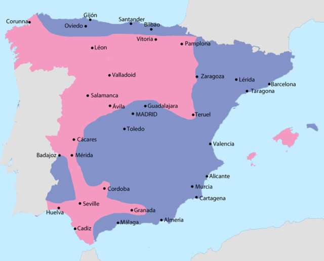 Map showing Spain in September 1936. Blue: Area under Republican control. Pink: Area under Nationalist control. Image Credit.