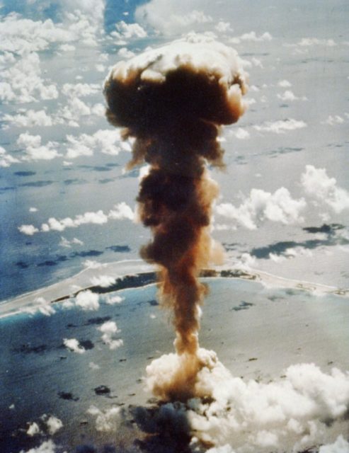 Aerial view of the Able test, a 23 kilotons of TNT (96 terajoules) device detonated on July 1, 1946 at an altitude of 520 feet (160 m).