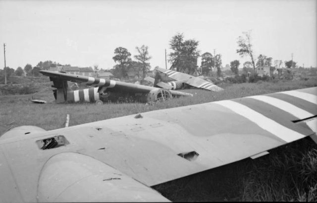 The three Caen Canal gliders; the bridge is hidden by the trees in the distance.