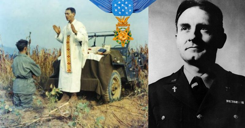 Father Emil Kapaun celebrating Mass using the hood of a jeep