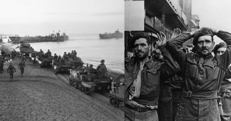 Left: The British Army in Italy 1944 Universal carriers and a Sherman tank comes ashore from a landing craft at Anzio in Operation Shingle. Right: British POWs at Arnhem. By Bundesarchiv - CC BY-SA 3.0 de