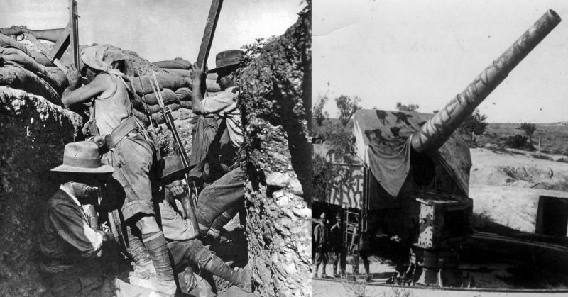 Left: Australian troops in their trench, observing the Turkish lines through periscopes, one fixed to a rifle. Right: Heavy artillery from the German armoured cruiser Roon, 1915. Bundesarchiv - CC BY-SA 3.0 de