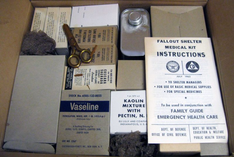 This kit's contents were found in the attic of the Senate Office Building. The medical kit contains a checklist for the kit, manuals on how to use the kit, containers, boxes, bottle of medicine and medical supplies. (U.S. Air Force photo)