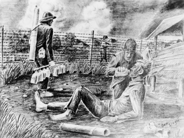 A former POW's drawing of one prisoner giving a drink to another at the Cabanatuan camp.