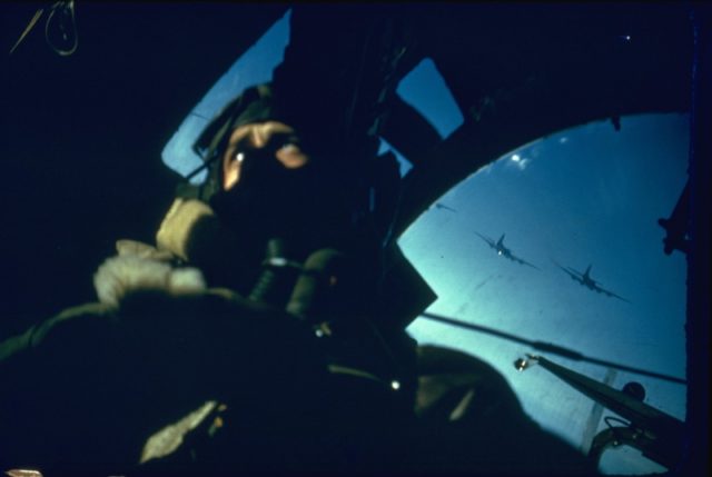 Bombardier "Flying Fortress" while returning from a mission. Ahead seen other bombers B-17s of the 96th Bomb Group US Air Force [Via].