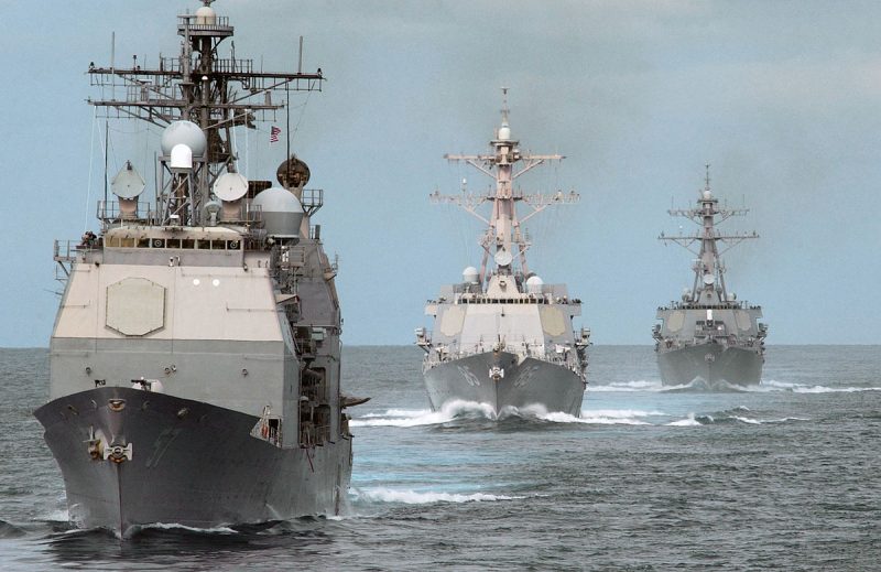 US Navy (USN) warships sail in formation during a sea power demonstration conducted while on deployment in support of the global war on terrorism and Maritime Security Operations (MSO) in the Pacific Ocean. Source: Wikipedia