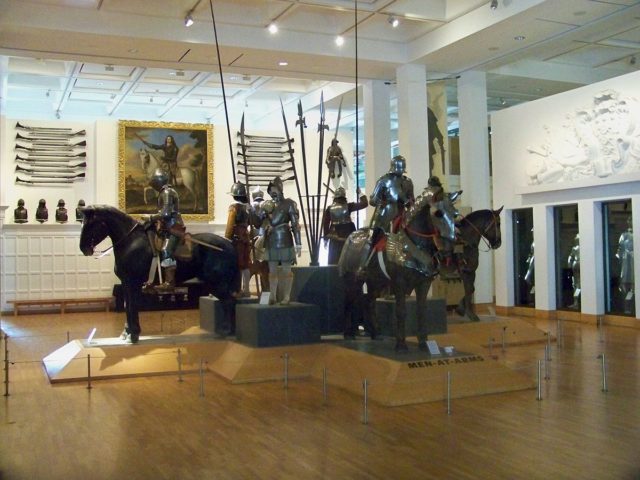 'Men at Arms' display at the Royal Armouries in Leeds, West Yorkshire. This display shows Horse Armour and human armour. Photo Credit.