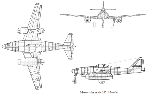 Orthographically projected diagram of the Messerschmitt Me 262.