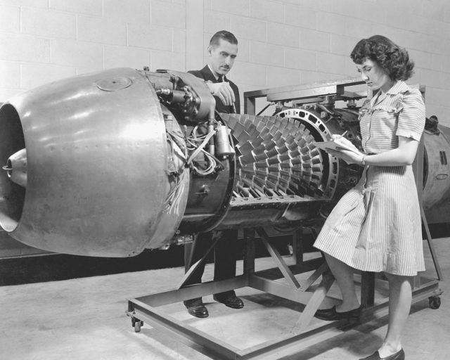 A Jumo 004 engine is being investigated by Aircraft Engine Research Laboratory engineers of the National Advisory Committee for Aeronautics in 1946