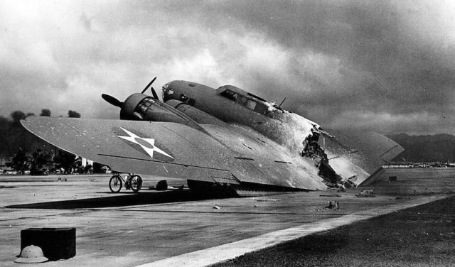 Wreck of B-17C bomber at Hickam Field, US Territory of Hawaii. 7 December 1941 (United States National Archives).