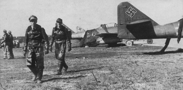 Pilots from the 44th Fighter Division (Jagdverband 44) in jet fighters Messerschmitt Me-262A-1a