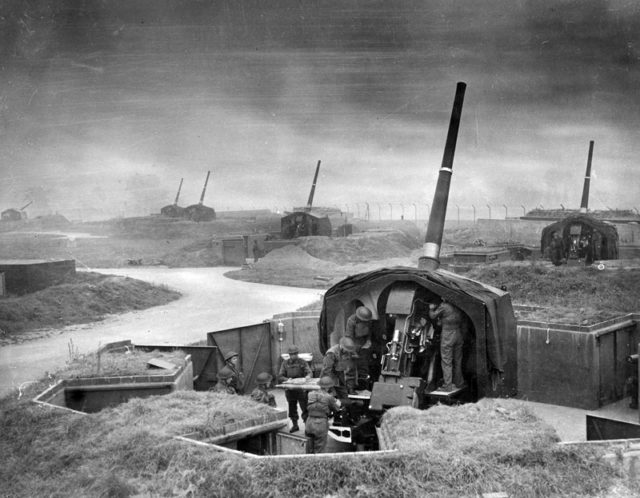 An anti-aircraft gun battery. The 4.5-inch was one of two medium anti-aircraft guns used by the Royal Artillery during the Battle. [Via]