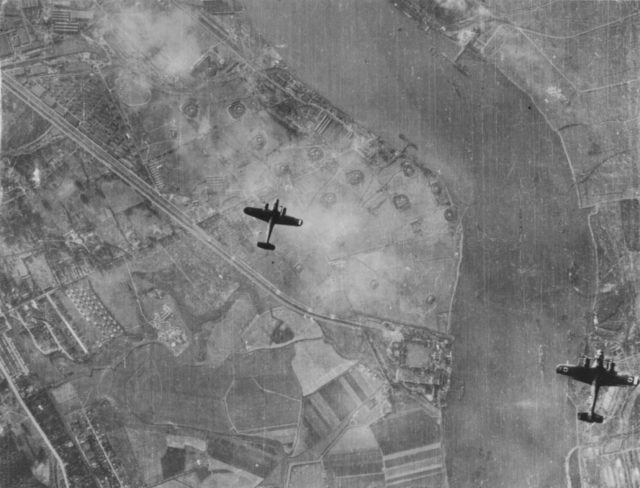 Two Dorniers Do 17Z of the KG76 Squadron of the Luftwaffe on London's West Ham sky. [Via]