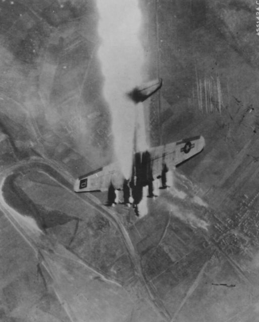 Boeing B-17G-75-BO 43-37877 on fire and going down near Merseberg, Germany. 30 November 1944 (U.S. Air Force).