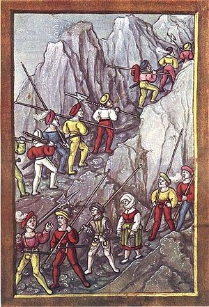 Swiss mercenaries crossing the Alps (Luzerner Schilling). Source: Wikipedia