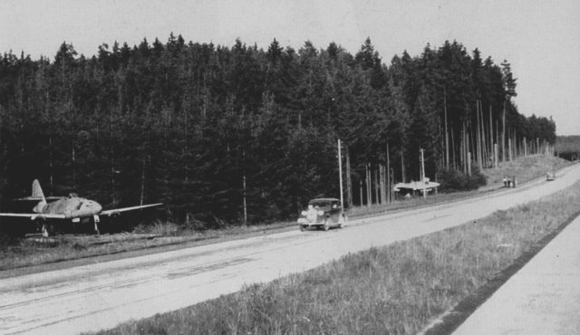 Parking jet fighter-bombers Messerschmitt Me-262A-1a 1st Squadron 51th Bomber Squadron (1.KG51) on the sidelines of the route Munich - Salzburg. The picture was taken in the occupied parts of the territory of the Allies.