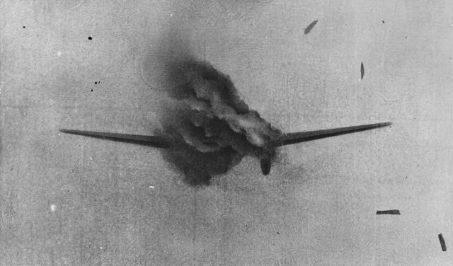 Heinkel HE-111 aircraft of the Luftwaffe being shot down during the Battle of Britain. [Canada. Dept. of National Defence/Library and Archives Canada/PA-]