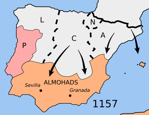 Extent of the Reconquista into Almohad territory as of 1157. Source: Wikipedia