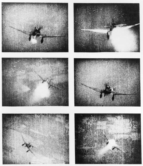 Camera gun footage of a Ju 87 Stuka being shot down by an RAF fighter, 1940. [© IWM (C 2418)]