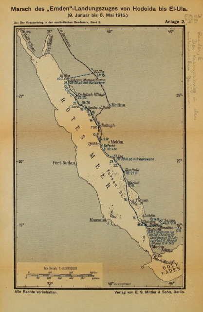 A map showing the march of the Emden's landing party up the red sea. Source: Wiki/ public domain